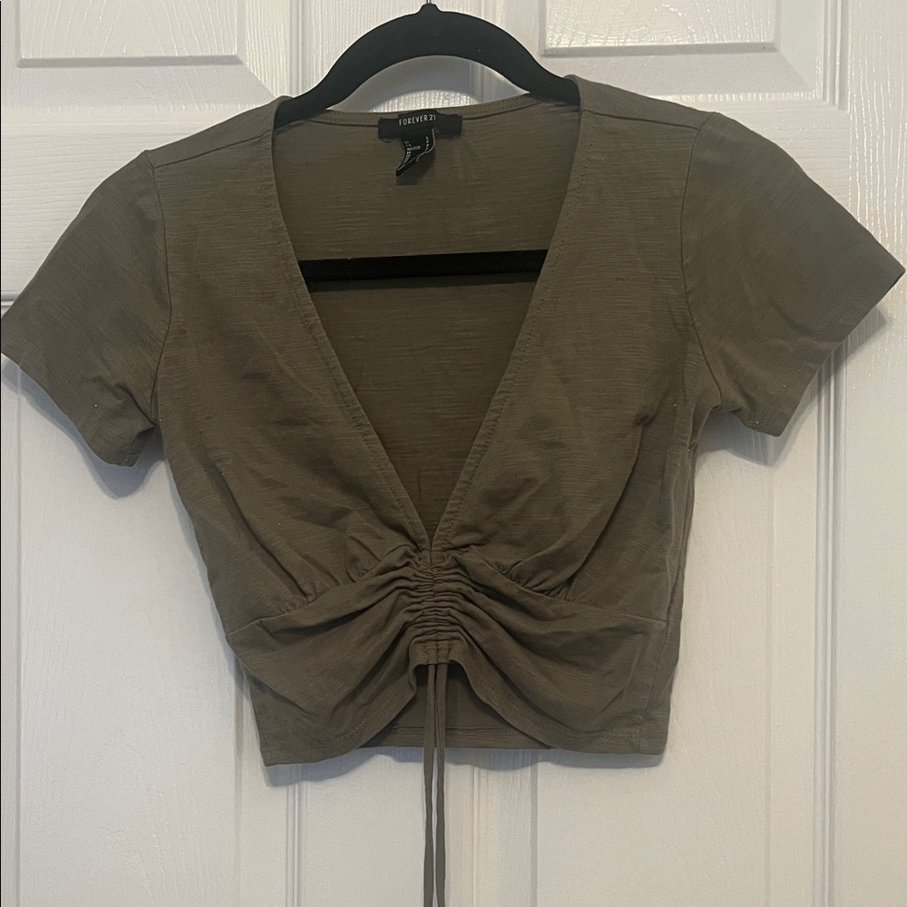 Forever 21 Olive Ruched V-Neck Crop Top